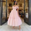 Partykleider eeqasn einfach Pink A Linetulle Midi Prom von den Schulterfalten formelle Abendkleiderbüftungswomen Event -Kleider