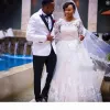 2024 Afrikaanse lange mouwen trouwjurken bruid jurk kanten applique sweep trein plus maat op maat gemaakte schephek
