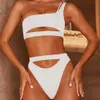 2024 new swimsuit solid color hollow out one shoulder bikini womens split high waist swimsuit