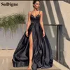 Party Dresses SoDigne Black Satin Simple Evening Dress Sexy Spaghetti Strap Women Side Slit Formal Prom Gown