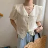 Frauenblusen 2024 Sommer kurzärmelig Hemd Puppe Hals Korean Blase Sleeve Lace Blusas Mujer de Moda Apricot Femme Du005