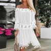 Sommarvit klänning för kvinna Casual Boho Hippie Lace Chiffon Patchwork Dresses Elegant Off Shoulder Party Robe Beach Wear 240415