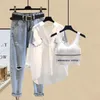 Summer Elegant Womens Pants Set Casual Shirt Jeans Trousers Vest Three Piece Female Tracksuit Blouse Blazer Suits 240415