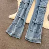 Женские джинсы улицы Hiphop для американской повседневной высокой талии подушка много карманного рабочей одежды широкие брюки для ног.
