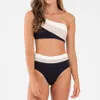 2024 New Womens Color Block One Shoulder Sexy Bikini High Waist Split Swimsuit