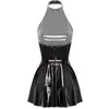 Casual Dresses Womens Glossy Patent Leather Dress Wet Look Latex Halter Sleeveless Skater Mini Swing Skirt Rave Disco Party Clubwear