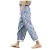 Kvinnor Pants Summer Ethnic Style Straight Striped Print Rolled Up Ankle Length Beach Casual Contrast Color High midjebyxor