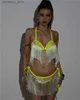 Sexy rok Carnival Beach Outfits voor vrouwen glanzende Tassel Bralette Halter Crop Top Belly Dance Tassel Mini Rok Festival Rave 2 PCS Set L49