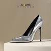 Dress Shoes 10CM Silver Pumps For Summer Spring Bright Patent Leather Thin Heels Women Pointed Toe Sandals Wedding Bride