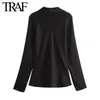 Traf Women Fashion 2024 Bahar Uzun Kollu Bağlantı V yaka Bow Blon Street Giyim Saten Gömlek Şık Bayanlar Tops Mujer 240407