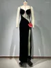 Runway Dresses 2024 Women Elegant Black Split Cut Out Velvet Glitter Sexy Long Dress Evening Party Celebrity Prom Gown International