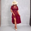 Vestido de manga curta de cor sólida de verão de verão feminina