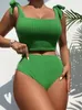 Bikini ad alta vita solida Bikini femminile brasiliano costume da bagno brasiliano sexy legame verde cinghia a costine da bagno costume da bagno dà un regalo 240403