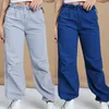 Jeans femininos soltos elásticos casuais cantar calça jeans de jeans feminino de luta azul de rua de streetwear outono de outono