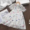 Girl's jurken beren leidermeisjes prinses jurken zomer kinderen kinderen kleding print vlinder kanten boog comfortabel jurk baby kostuum vestidos y240415