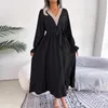 Casual Dresses 2024 Women Spring Summer V Neck Lace Up High Waist Ruffle Edge Long Dress For Ladies Solid A Line Sleeve Smocked