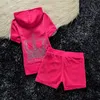 JUICY Velvet Short Sets 2024 Women's Zipper Hooded Sweatshirt and Short Sets 2 Piece Set Velvet Tracksuit Women's Clothing Summer New