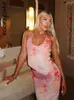 Robes de travail Boofeenaa Pink Floral Mesh Sheer Sexy Sexy Long Jirt Set 2 pièces Summer Vacation Optifit Femmes 2024 Party à plage C85-DD19