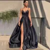 Party Dresses SoDigne Black Satin Simple Evening Dress Sexy Spaghetti Strap Women Side Slit Formal Prom Gown