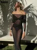 Casual Dresses Mesh Långärmning Slim Maxi för Women Club Party 2024 Spring Summer Elegant Formal Endan Black Dress