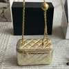 23P Lambskin Gold Silver Ball Mini Women Cosmetic Case Vanity Box Bags With Mirror Diamond Lattice Real Leather Adjustable Chain Fanny Pack Crossbody Makeup 16cm