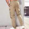 Herenbroek mannen casual lading elastische tailleband trekkoord multi -zakken hiphop broek met rechte wijd been lange broek