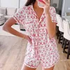 Easter Monkey Cartoon Pyjamas Set Women Y2K kläder Single Breasted Short Sleeve Blus Shirt Top Shorts 2 Piece Loungewear 240415