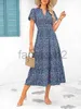 Casual Dresses Sexy Maxi Dress Women Basic Casual Dresses Sexy Maxi Dress 2024 V-neck bubble pleated printed short sleeved pocket dress size plus Women's clothing