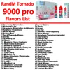 원래 Randm Tornado 9000 Puff Pro 일회용 가능한 e 담배 검증 된 코드 9K 0% 2% 3% 5% 충전식 배터리 18ml 장치 Vape Pen Vabon Vapsolo Vapen Poco 10000