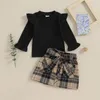 衣料品セット幼児の女の子のかわいい衣装フリルリブ付き長袖トップと格子縞のプリントスカートfor秋の子供用のクロヒングセットのベルト付き
