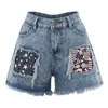 Mujeres rasgadas pantalones cortos de mezclilla con cintura alta de la vintage us Flag Star Summer Pocket informal Jeans Shadies Tassels Pants 240415