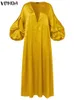 Vonda Women Summer Party Robe Elegant Lantern manche en satin solide Soirée solaire Casual Vneck Bohemian Maxi Robe 240415