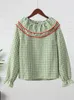 Kvinnor Green Plaid tryck långärmad t -skjorta Elegant Loose Ruffles Doll Neck Topps 2024 Spring Casual Female Pending Streetwear 240415