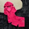 JUICY Velvet Short Sets 2024 Women's Zipper Hooded Sweatshirt and Short Sets 2 Piece Set Velvet Tracksuit Women's Clothing Summer New