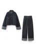 Traf Autumn Women Fashion Loose Short Denim Jacket Draped Wideleg Jean 2 -Piece Set Set Suit 240408