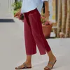 Kvinnors byxor passar fast färg bomull och linneknappad beskuren med elastisk midja för kvinnor avslappnad sommar