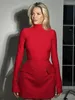 Casual klänningar chic röda kvinnor fickor miniklänning elegant halva hög krage långärmad pendling lady solid bodycon a-line mantel