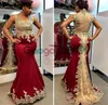 Sexy Dark Red Mermaid Prom Formal Dresses 2019 Gold Applique Beaded Fishtail Sexy African Occasion Evening Party Dress7012843