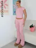 レディースツーピースパンツブーフィーナカカジュアルピンク2ピースセット冬用Y2K服の長袖トップとローウエストフレアのための衣装