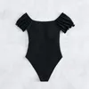 Women's Swimwear Solid Black Lotus Leaf Sleeve One-piece Swimsuit Women Sexy Lace Up Hollow Out 2024 Girl Beach Bathing Suits