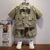 Clothing Sets Western Baby Boys Clothes 2024 Summer Shorts Suit Army Green Button Lapel Shirt Multi-pocket Workwear Child Set 2 To 8 Years