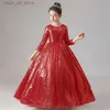 Mädchenkleider Girls Kleider Pailletten Langarm Prinzessin Kleid 4-12 Jahre altes Bankett Host Long Kleid Carnival High-End-Abendkleid T240415