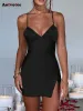 Satinklänning för kvinnor 24SS Fashion Backless Lace-Up Mini Dress Chic Split Slim Solid Spaghetti Strap V Neck Dress