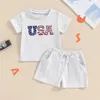 Kledingsets Independence Day Baby Boys Set Letter Borduurwerk korte mouw tops met massieve kleuren shorts zomer outfits