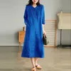 Women Summer Casual Dress Arrival Vintage Style Vneck Solid Color Loose Female Cotton Linen Long Dresses B3334 240415