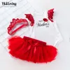 Mother's 2024 New Day Gift Baby Clothing Cartoon I Love Mom Wings Sweetheart Red Princess Dress Set