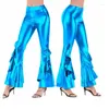 Pantaloni da donna Donne Shiny Flare Parelle Laser Metallic Wetlook Ruffle largo gamba a campana magro