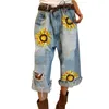 Damesjeans dames mode los alle gescheurde print zonnebloem brede been