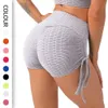 Drawstring yoga şort sıcak satan yüksek bel ve kalça asansör katı kabarcık vücut geliştirme yay sporları tripartit pantolon f1514