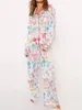 Kvinnor Bow Printing 2 Piece Y2K Satin Silk Lounge Outfits Pyjamas Set Long Sleeve Button Down Shirt Pants Set Valentines Day 240415